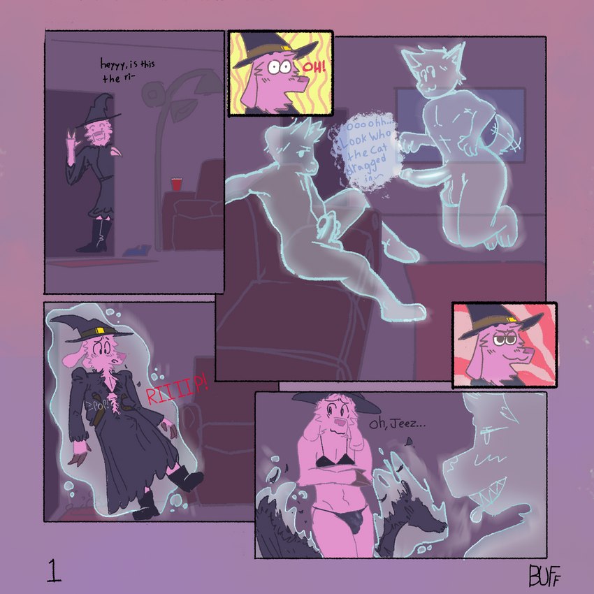 bikini bikini_bottom bikini_bulge bikini_top blush bulge clenched_teeth clothed clothing comic_panel crossdressing detailed_bulge dialogue ectoplasm erection erection_under_clothing exposed floating fur genitals group hat headgear headwear magic male male/male masturbation onomatopoeia pink_body pink_fur shy sound_effects string_bikini swimwear tail tail_motion tailwag teeth telekinesis text thong torn_clothing trio two-piece_swimsuit underwear witch_costume witch_hat buffalonium casamir bovid canid canine canis caprine ghost goat humanoid mammal spirit 1:1 comic hi_res