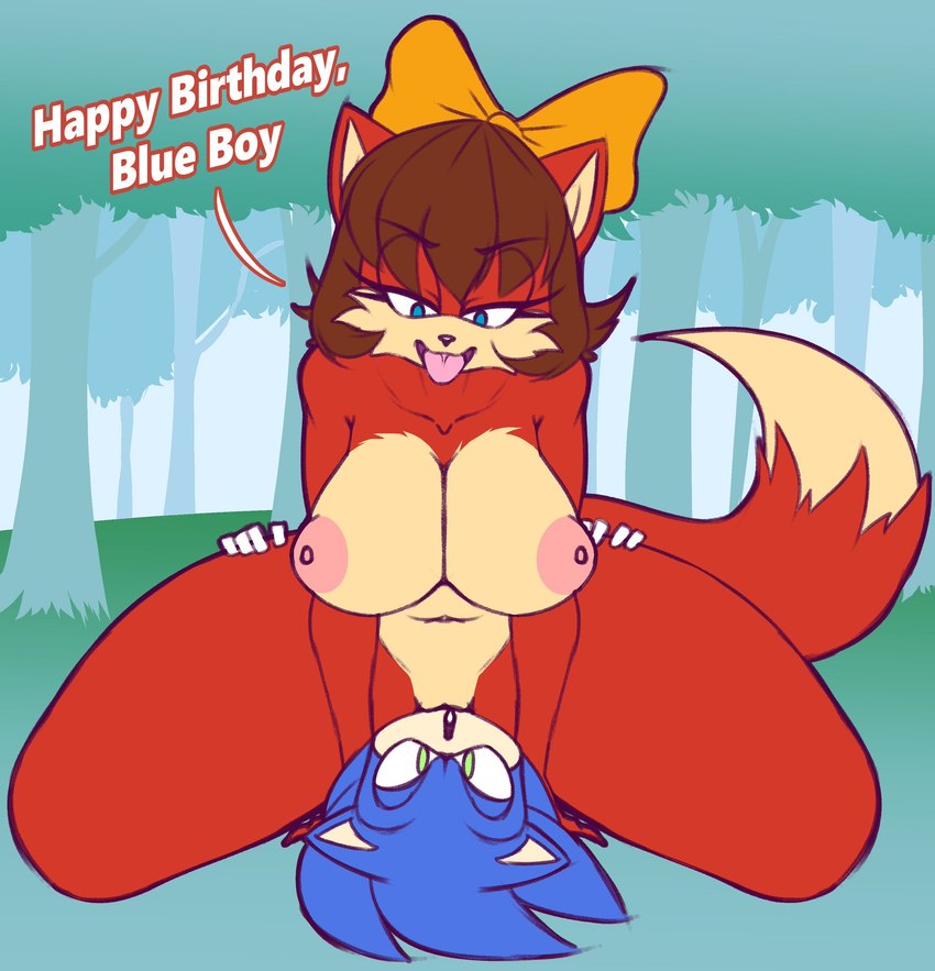 anthro birthday birthday_sex bow_ribbon breasts cunnilingus dominant dominant_female duo facesitting female kneeling leg_grab male male/female oral sex sitting_on_another spread_legs spreading thick_thighs tongue tongue_out vaginal biffalo archie_comics sega sonic_the_hedgehog_(archie) sonic_the_hedgehog_(comics) sonic_the_hedgehog_(series) fiona_fox sonic_the_hedgehog canid canine eulipotyphlan fox hedgehog mammal hi_res