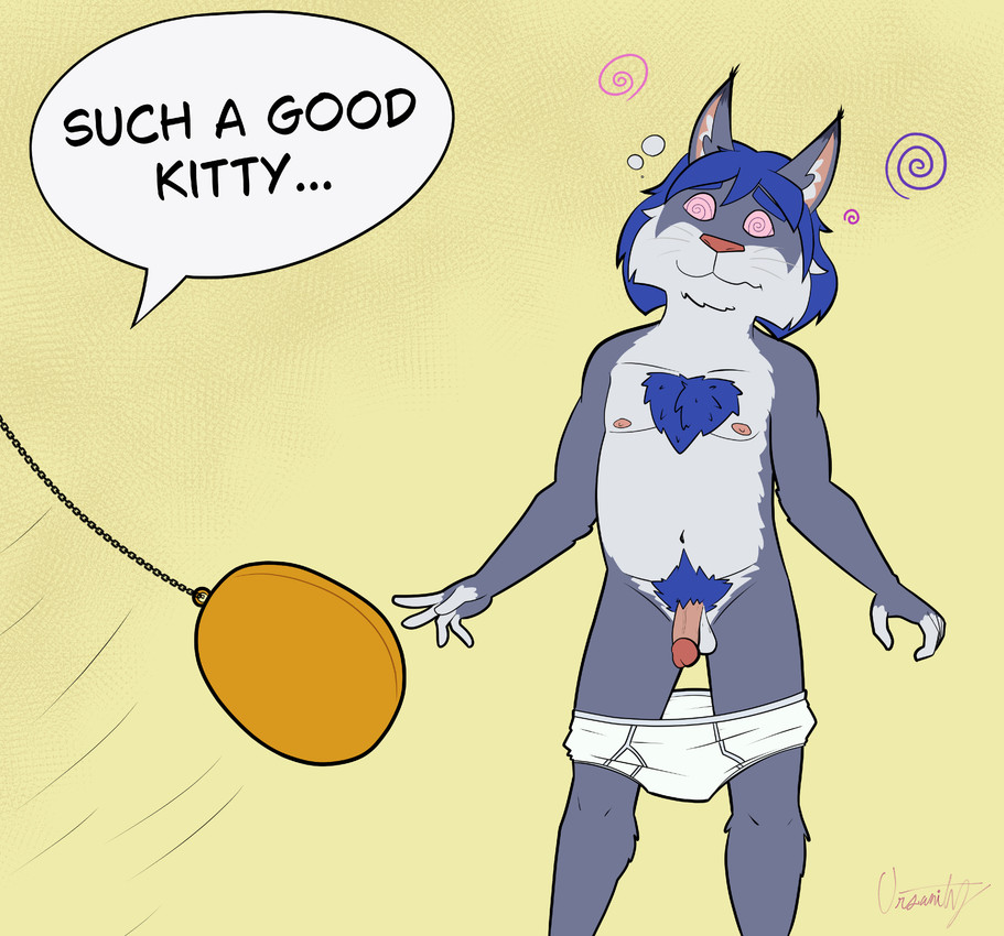 anthro blue_hair briefs briefs_down briefs_only bulge chest_tuft clothed clothing colored_seam_underwear detailed_background duo forced forced_exposure forced_undressing grey_seam_briefs grey_seam_underwear hair hypnosis male mind_control navel nipples partially_clothed pink_nose pink_text pubes simple_background text tighty_whities topless topless_anthro topless_male tuft underwear underwear_down underwear_only undressing whiskers white_briefs white_clothing white_underwear yellow_background ursanity felid feline lynx mammal hi_res