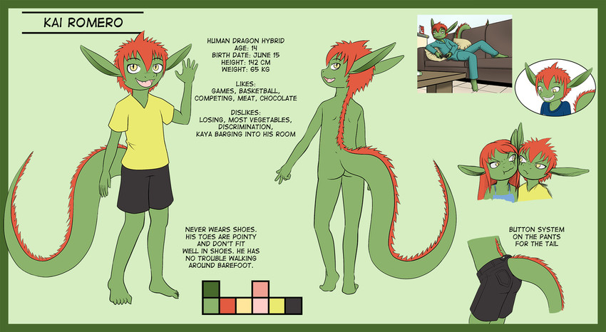 adolescent anthro bottomwear butt clothed clothing duo female fully_clothed green_body green_scales hair long_hair male nude pajamas red_hair scales shirt short_hair shorts t-shirt tail text topwear young robin_dassen mythology twin_dragons_(webcomic) kai_(twin_dragons) kaya_(twin_dragons) dragon mythological_creature mythological_scalie scalie english_text hi_res model_sheet