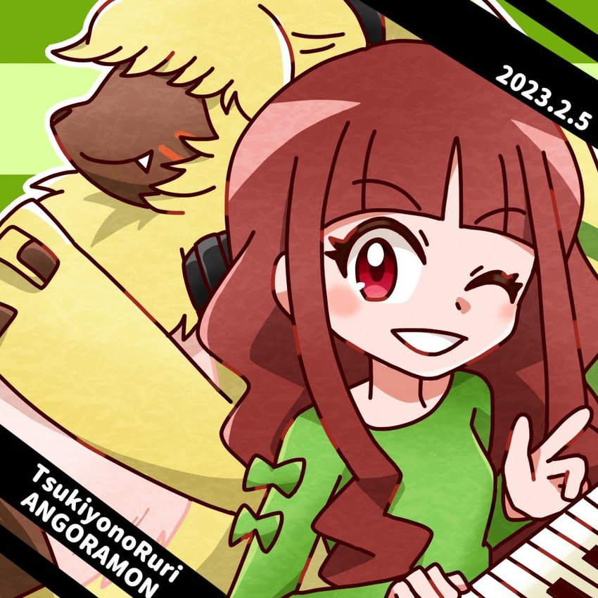 anthro brown_hair duo female fur hair hair_over_eyes keyboard_instrument long_ears long_hair male musical_instrument one_eye_closed piano playing_music playing_piano wink yellow_body yellow_fur hinako_710 bandai_namco digimon digimon_ghost_game angoramon_(ghost_game) ruri_tsukiyono angoramon digimon_(species) human lagomorph leporid mammal rabbit 1:1