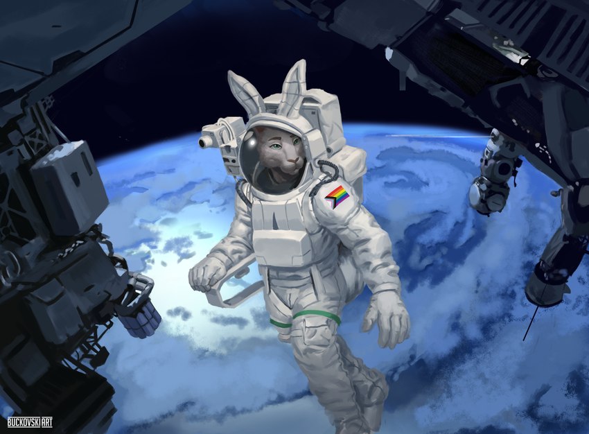 anthro astronaut astronaut_suit clothing cloud earth fantasy fur gesture green_eyes long_ears male planet progress_pride_colors solo space spacescape spacestation spacesuit suit white_body white_clothing white_fur white_suit buckovskiart bunnytail lagomorph leporid mammal rabbit absurd_res digital_media_(artwork) digital_painting_(artwork) hi_res