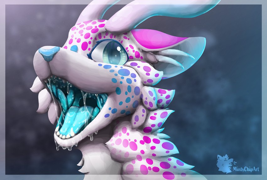 ambiguous_form ambiguous_gender blue_body blue_eyes blue_fur blue_insides blue_mouth blue_nose blue_spots blue_tongue bodily_fluids detailed_mouth drooling fur horn looking_at_viewer markings mouth_shot open_mouth pink_body pink_fur pink_spots saliva saliva_on_tongue saliva_string snout solo spots spotted_body spotted_fur teeth tongue white_body white_fur mintychipart aja_(aevery) 2022 absurd_res digital_media_(artwork) digital_painting_(artwork) headshot_portrait hi_res krita_(artwork) portrait shaded male_(lore)