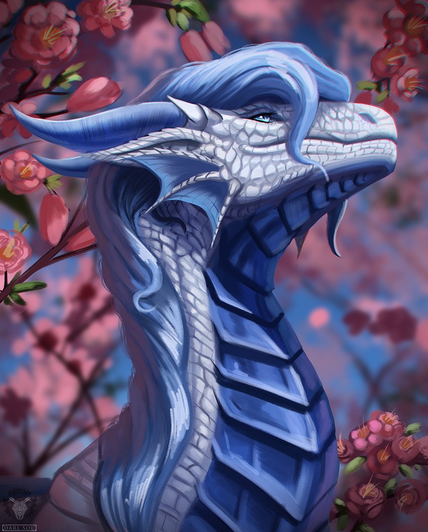 blue_body blue_eyes blue_hair blue_horn blue_scales cherry_blossom ear_frill female feral flower frill_(anatomy) hair horn light logo looking_up nature nature_background outside pink_flower plant prunus_(flower) scales sky solo sunlight white_body white_scales darlsol' mythology kasmyne_(character) dragon mythological_creature mythological_scalie scalie 2022 artist_logo digital_media_(artwork) hi_res portrait