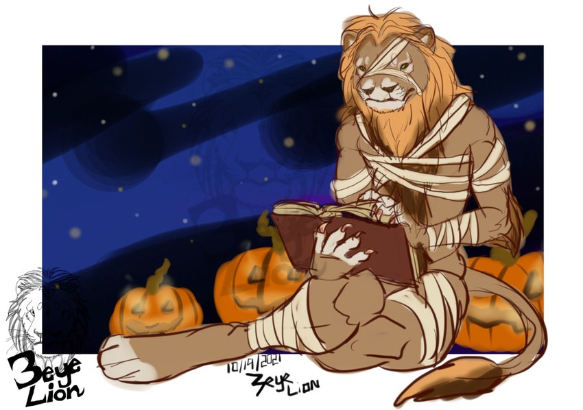 anthro bandage book digitigrade food fruit holidays jack-o'-lantern male multi_eye multi_nose multi_snout mummy_costume mummy_wrappings plant pumpkin reading sitting solo wrappings threeeyelion halloween felid lion mammal pantherine