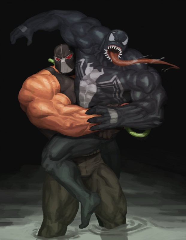 abs bear_hug biceps big_muscles bodily_fluids boots bottomwear clothed clothing duo fight fingerless_gloves footwear gloves handwear male mask muscular muscular_male open_mouth pecs saliva shoes standing tongue tongue_out topwear vein veiny_muscles traver009 dc_comics marvel bane_(dc) venom_(marvel) alien human mammal symbiote 2017 hi_res