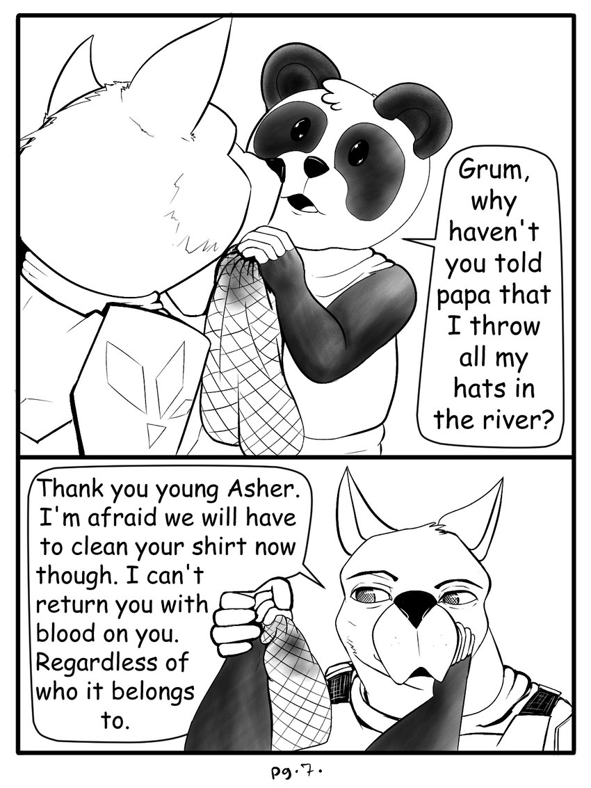 anthro armor clothed clothing dialogue duo fantasy fur knight male scarf simple_background slightly_chubby text warrior young young_anthro wintersink bear giant_panda mammal murid murine rat rodent 3:4 comic english_text hi_res monochrome