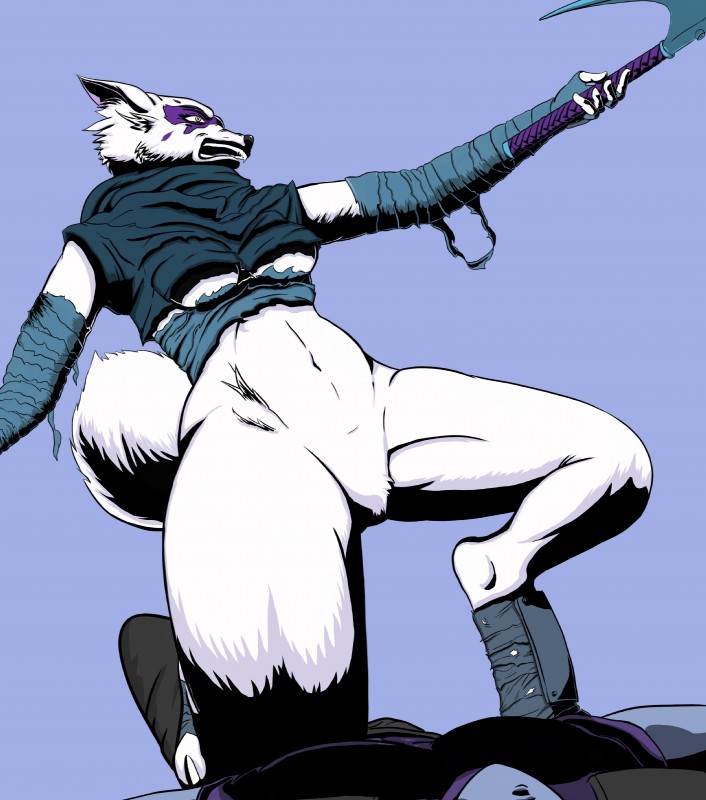 angry anthro bottomless breasts clothed clothing duo dynamic featureless_crotch female fur growling holding_object holding_weapon kama_(weapon) kneeling low-angle_view navel ninja on_one_knee open_mouth simple_background solo_focus under_boob warrior weapon white_body white_fur yellow_eyes kaislair teenage_mutant_ninja_turtles alopex canid canine fox mammal absurd_res hi_res