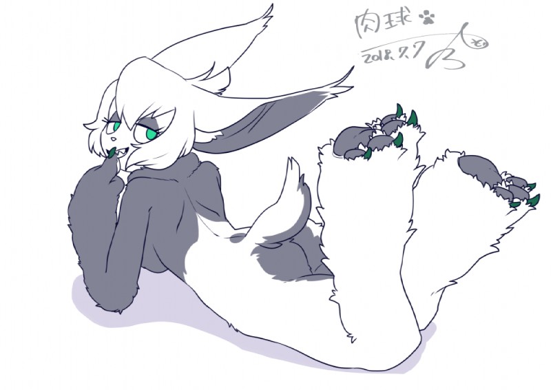 4_toes back_boob big_ears black_body black_fur breasts butt claws colored_nails ear_tuft feet female fur green_eyes green_nails grin inner_ear_fluff kemono mottled mottled_body mottled_fur multicolored_body multicolored_fur nails nude pawpads paws piebald piebald_body piebald_fur sharp_teeth smile solo teeth text toes tuft white_body white_fur karatachi mammal unknown_species 2018 japanese_text signature translated