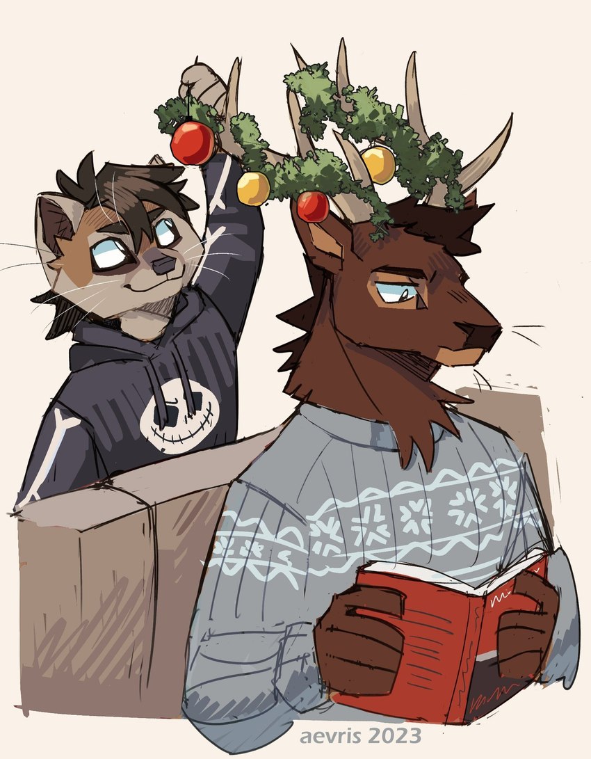 anthro antlers book brown_body brown_fur clothed clothing duo fur holidays horn humor male smile sweater topwear whiskers aevris christmas ryker_(aevris) deer mammal hi_res