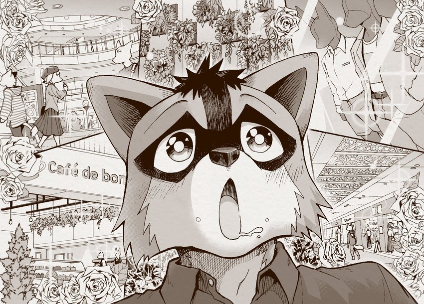 anthro blush bodily_fluids bottomwear clothed clothing drooling excited female flower happy kemono male mall mannequin open_mouth plant public rose_(flower) saliva solo text dark_ishihara third-party_edit araizumi_funaka mammal procyonid raccoon english_text hard_translated hi_res translated