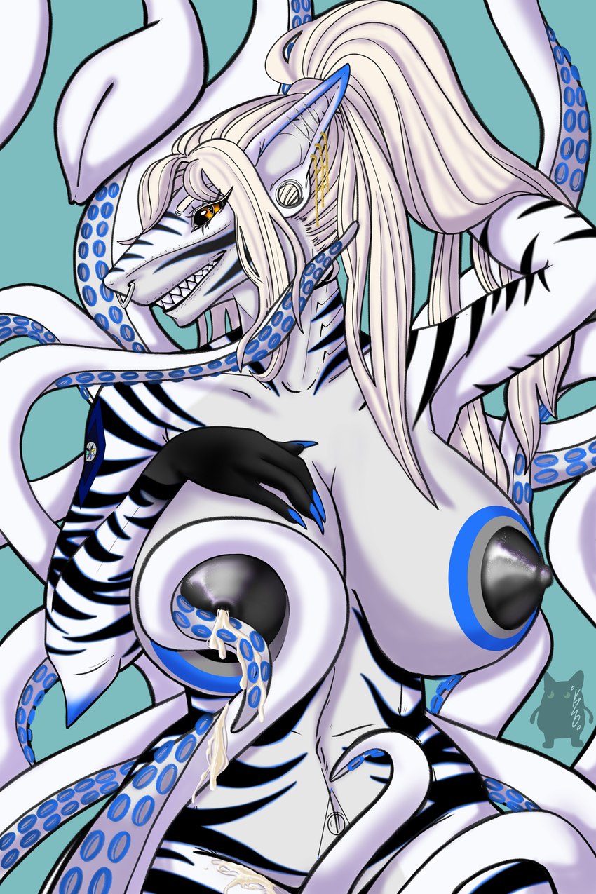 anthro areola arm_on_breasts arm_tattoo back_tentacles big_areola big_breasts blue_eyes blue_stripes bodily_fluids breast_milking breasts ear_piercing elbow_fin eyelashes facial_piercing fangs female furgonomics furry-specific_piercing genitals glowing hair hand_behind_head heterochromia huge_areola imminent_sex lactating leaking_milk long_hair looking_at_viewer markings milk nipples non-mammal_nipples nose_piercing nude nude_female piercing platinum_blonde pubic_tattoo shoulder_tattoo smile solo stripes tail tattoo teeth tentacles tentacles_around_legs yellow_eyes kzo_arts cleopatra_la_jauge cephalopod coleoid fish hybrid marine mollusk shark thei'mare 2:3 absurd_res hi_res