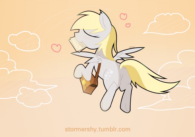 bag blonde_hair blush cloud cutie_mark eyes_closed feathered_wings feathers female feral flying fur grey_body grey_feathers grey_fur hair heart_symbol letters long_hair outside sky smile solo text wings stormershy friendship_is_magic hasbro my_little_pony mythology derpy_hooves_(mlp) equid equine mammal mythological_creature mythological_equine pegasus hi_res url