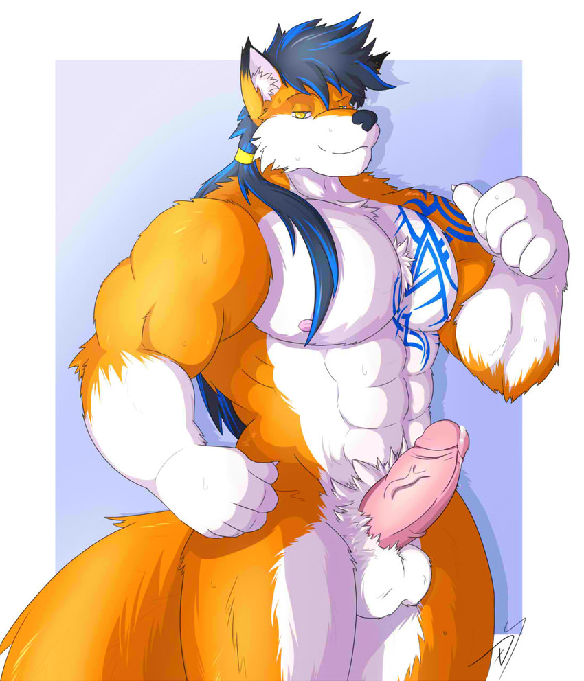 anthro balls fur genitals hair humanoid_genitalia humanoid_penis long_hair male muscular muscular_anthro muscular_male orange_body orange_fur penis solo dragonslash alty canid canine fox mammal red_fox true_fox hi_res