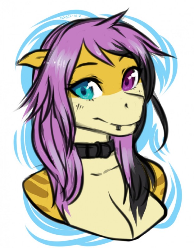 anthro blue_eyes breasts collar facial_piercing female hair heterochromia lip_piercing looking_at_viewer non-mammal_breasts piercing purple_eyes purple_hair simple_background solo nayel-ie sat_(character) fish marine requiem_shark shark tiger_shark bust_portrait digital_media_(artwork) hi_res portrait shaded