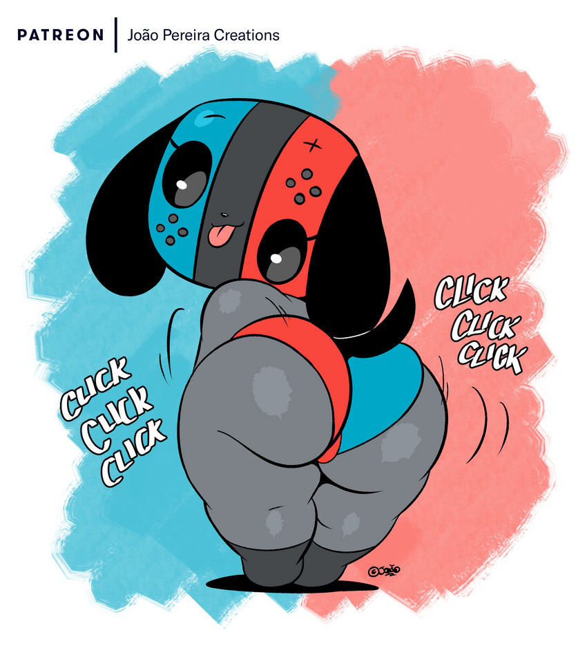 anthro ass_clapping big_butt butt clothing female looking_at_viewer looking_back panties rear_view short_stack solo sound_effects thick_thighs tongue tongue_out twerking underwear wide_hips joaoppereiraus nintendo nintendo_switch switch_dog switchy_(joaoppereiraus) animate_inanimate canid mammal 2020 digital_media_(artwork) hi_res signature