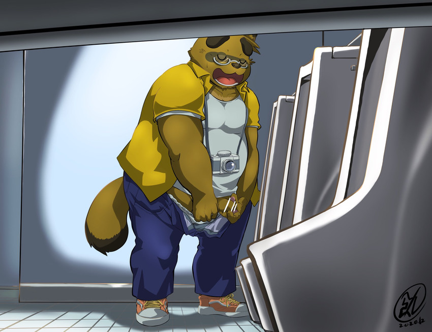 anthro belly bottomwear brown_body brown_fur camera clothed clothing eyes_closed eyewear fur genitals glasses kemono male open_clothing open_shirt open_topwear overweight overweight_anthro overweight_male pants penis relieved shirt solo topwear underwear urinal mesidukainumaru morenatsu kounosuke_(morenatsu) canid canine mammal raccoon_dog tanuki 2020 hi_res