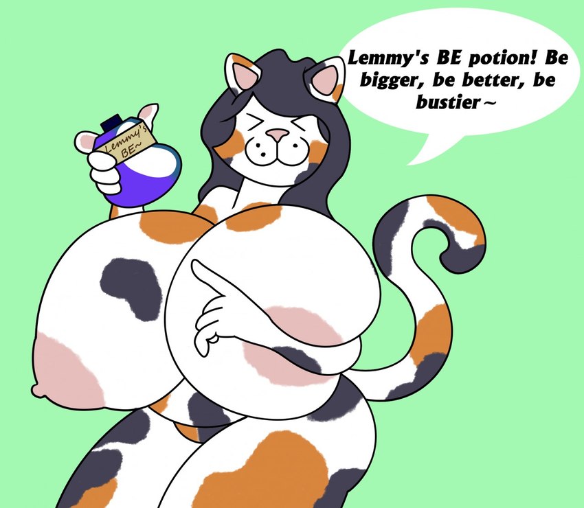 anthro areola belly big_breasts breast_expansion breasts butt expansion female fur growth hair huge_breasts hyper hyper_breasts looking_at_viewer mottled nipples nude overweight overweight_anthro overweight_female piebald pose potion simple_background smile solo thick_thighs anonymous_artist harla calico_cat domestic_cat felid feline felis mammal