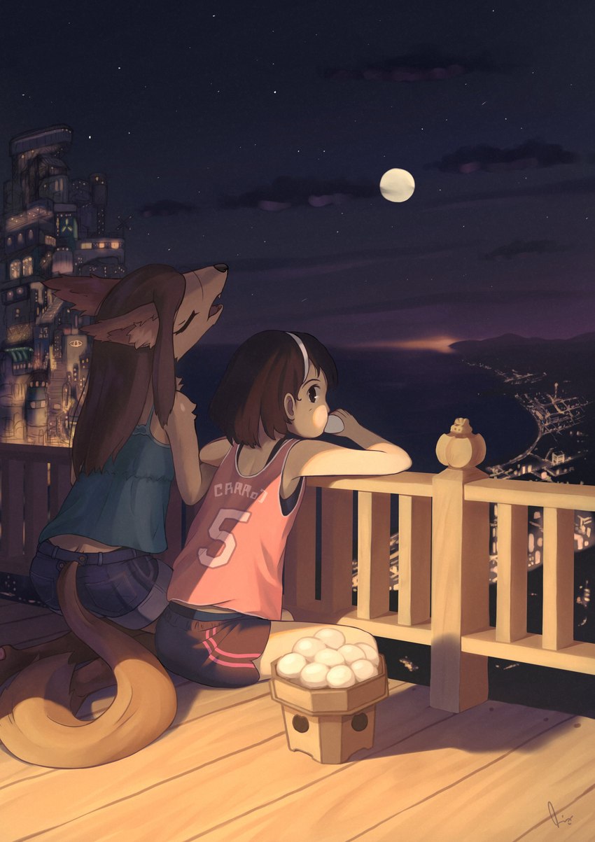 accessory ambiguous_gender anthro balcony bay bottomwear city city_lights cityscape clothing cloud dango_(food) detailed_background duo eating eyes_closed female hair hair_accessory hairband halter_top howl howling_at_the_moon kemono long_hair looking_at_viewer looking_back looking_back_at_viewer moon night railing shadow shorts sky star starry_sky young nessysalmon tsukimi canid canine canis human mammal wolf absurd_res hi_res