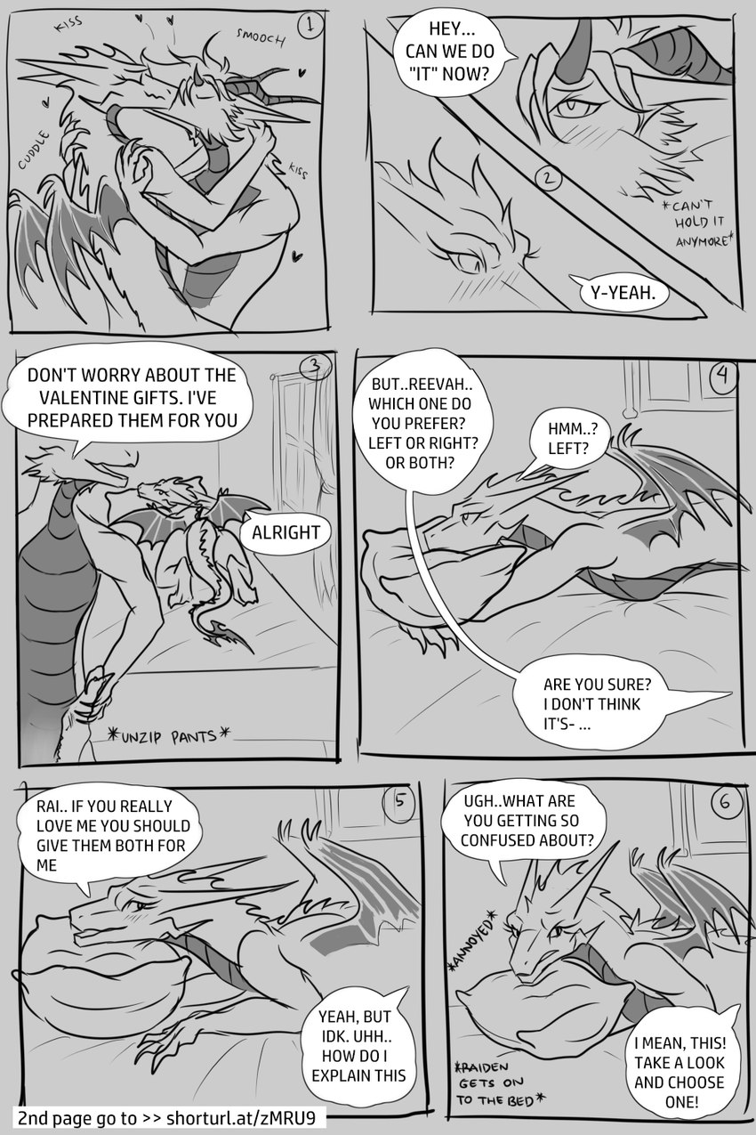 annoyed anthro aroused asking asking_another asking_for_clarity asking_how asking_what bed choice_question circled circled_number claws command command_to_look contact_onomatopoeia cuddling dialogue different_sound_effects duo ellipsis expressive_sound_effect fangs featureless_chest female foreplay furniture horn interrupted_speech kissing kissing_sound_effect linked_speech_bubble male male/female membrane_(anatomy) membranous_wings multi-word_onomatopoeia name_drop name_in_dialogue number numbered_sequence onomatopoeia question questioning_tone reassuring sound_effects speech_bubble spikes stuttering tail talking_to_another talking_to_partner teeth text ugh unzipped unzipped_pants vowelless vowelless_vocalization wings yes-no_question zip_(sound_effect) zipper nuree_art asian_mythology east_asian_mythology european_mythology mythology raiden_(nuree_art) reevah_(nuree_art) dragon eastern_dragon mythological_creature mythological_scalie scalie western_dragon 2:3 comic english_text hi_res line_art monochrome sketch