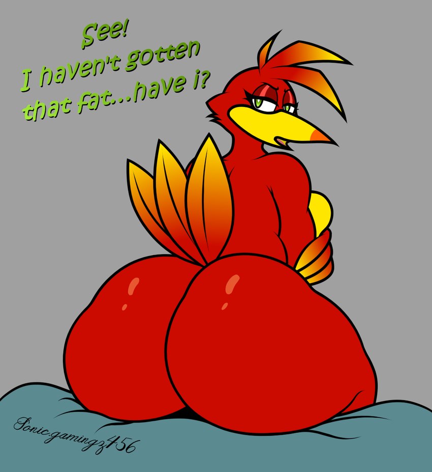 anthro anthrofied big_butt breast_squish breasts butt dialogue eyelashes feathers female green_eyes grey_background huge_butt looking_at_viewer looking_back narrowed_eyes nude open_mouth red_body red_feathers side_boob simple_background sitting solo squish text sonic_gaming456 banjo-kazooie rareware kazooie avian bird breegull hi_res