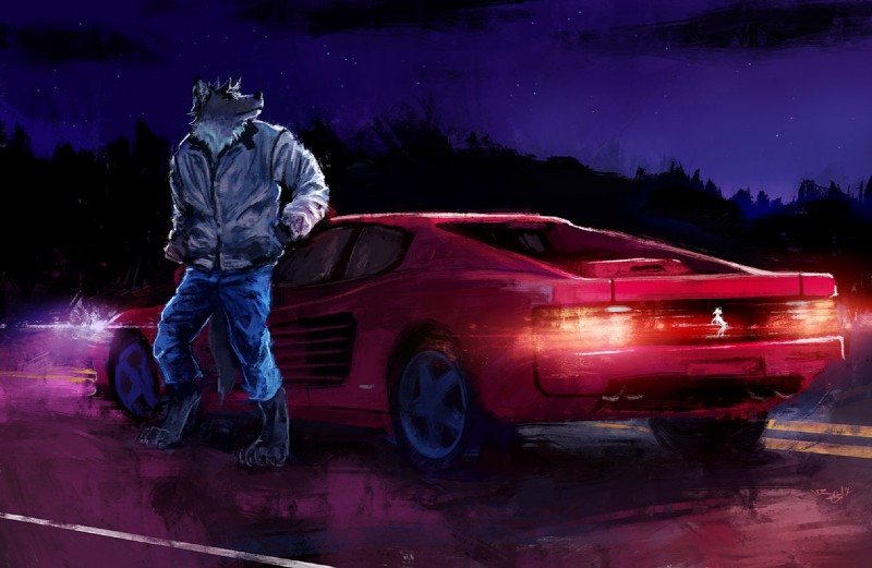 4_toes anthro barefoot biped bottomwear car clothed clothing cloud denim denim_bottomwear denim_clothing feet jacket jeans landscape lights looking_away male night outside pants road sky solo standing star toes topwear vehicle racoonwolf ferrari ferrari_testarossa canid canine canis mammal wolf