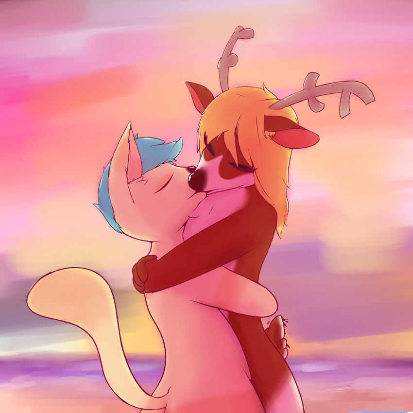 anthro antlers blonde_hair blue_hair brown_body brown_fur duo fur hair horn hug kiss_on_lips kissing male male/male raised_tail romantic romantic_couple tail tan_body tan_fur powfeen toffee_(lofitoffee) deer domestic_cat felid feline felis mammal 1:1 hi_res