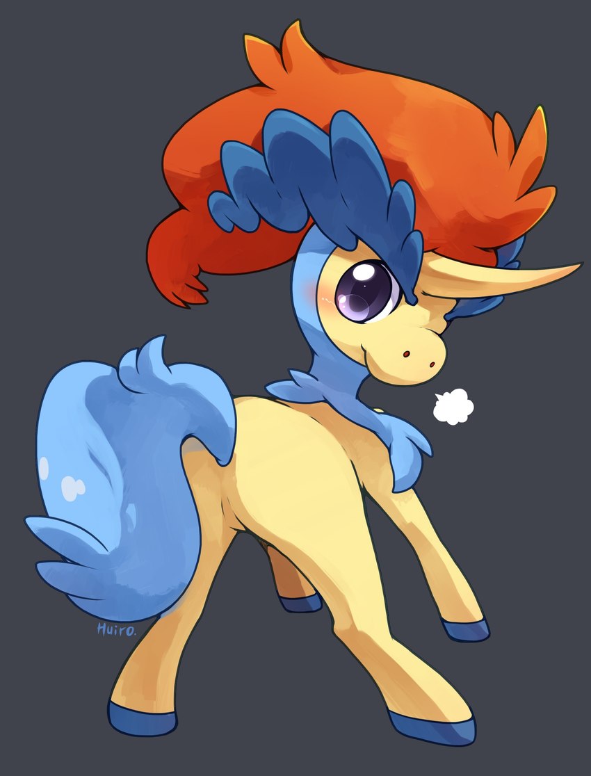 ambiguous_gender blue_body blue_fur blush breath butt feral fur grey_background hooves horn looking_at_viewer looking_back looking_back_at_viewer mane purple_eyes rear_view red_mane simple_background solo unicorn_horn yellow_body yellow_fur huiro nintendo pokemon equid equine generation_5_pokemon keldeo keldeo_(ordinary_form) legendary_pokemon mammal pokemon_(species) 2012 hi_res