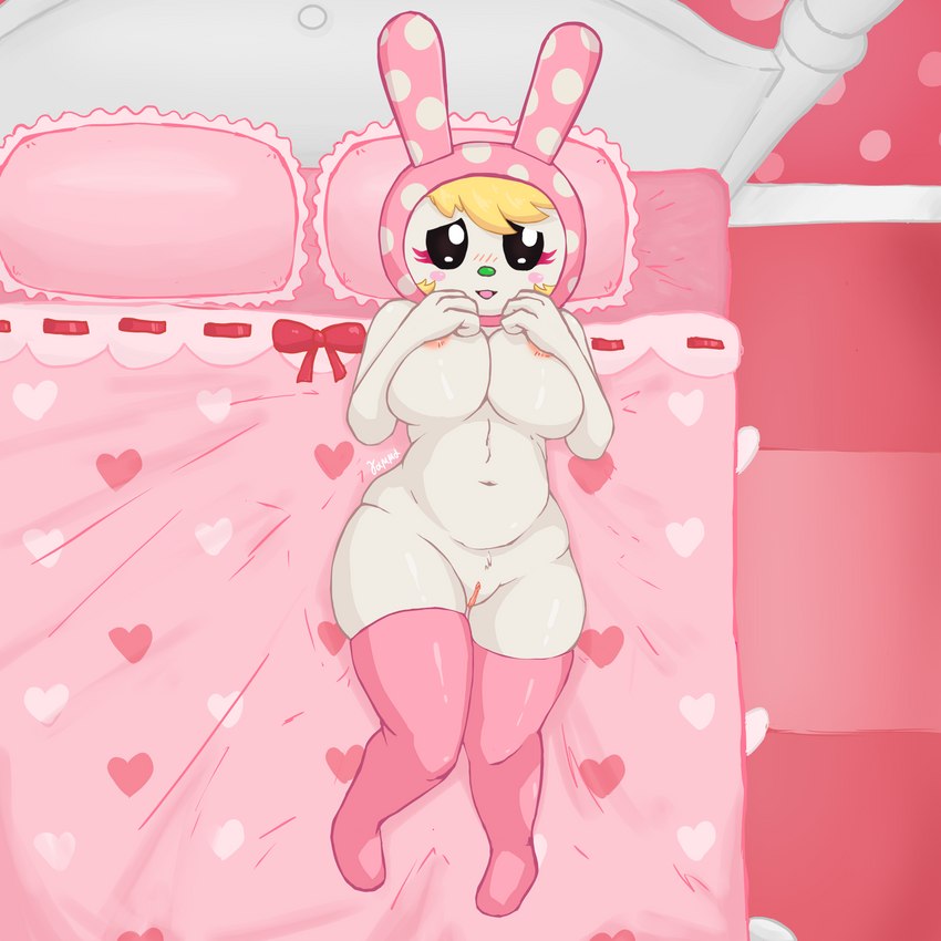 anthro bed big_breasts blush breasts clothed clothing covering covering_breasts female furniture genitals hood legwear looking_at_viewer mostly_nude on_bed pussy solo thigh_highs gammainks animal_crossing nintendo chrissy_(animal_crossing) lagomorph leporid mammal rabbit 1:1 absurd_res hi_res