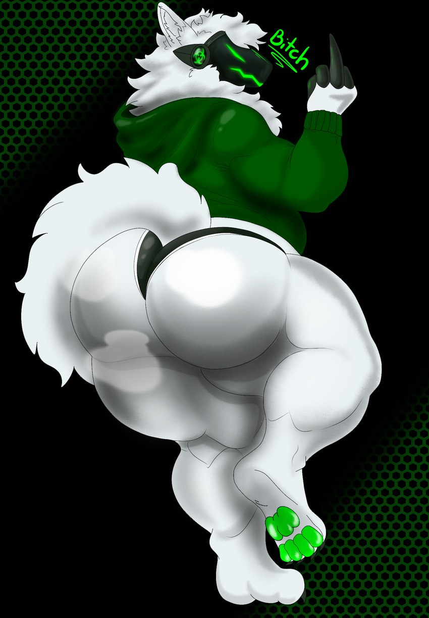 biceps big_butt butt calves_up clothing cybernetics fluffy fur gesture green_eyes hair hand_gesture hoodie machine male middle_finger neck_tuft paws pose rear_view screen screen_face slightly_chubby solo tail thick_thighs topwear tuft underwear white_body white_fur blake_toxictyproot cyborg protogen robot green hi_res