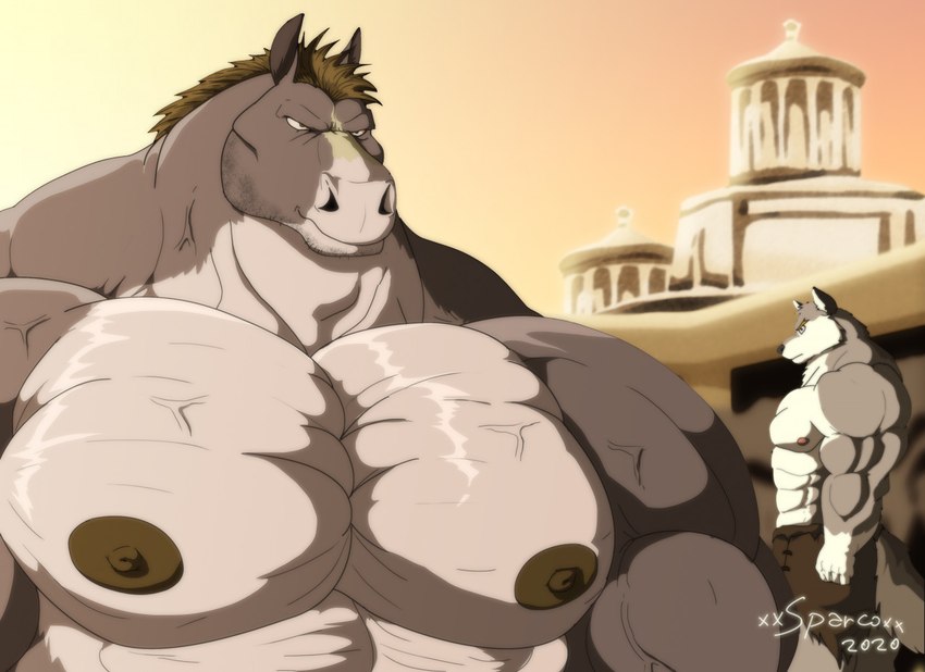 anthro big_muscles bottomwear building clothing duo fur grey_body grey_fur hair huge_muscles hyper hyper_muscles male muscular muscular_anthro muscular_male pecs size_difference vein veiny_muscles xxsparcoxx amenon_(xxsparcoxx) kraso_(xxsparcoxx) canid canine canis equid equine horse mammal wolf 2020 artist_name digital_media_(artwork)