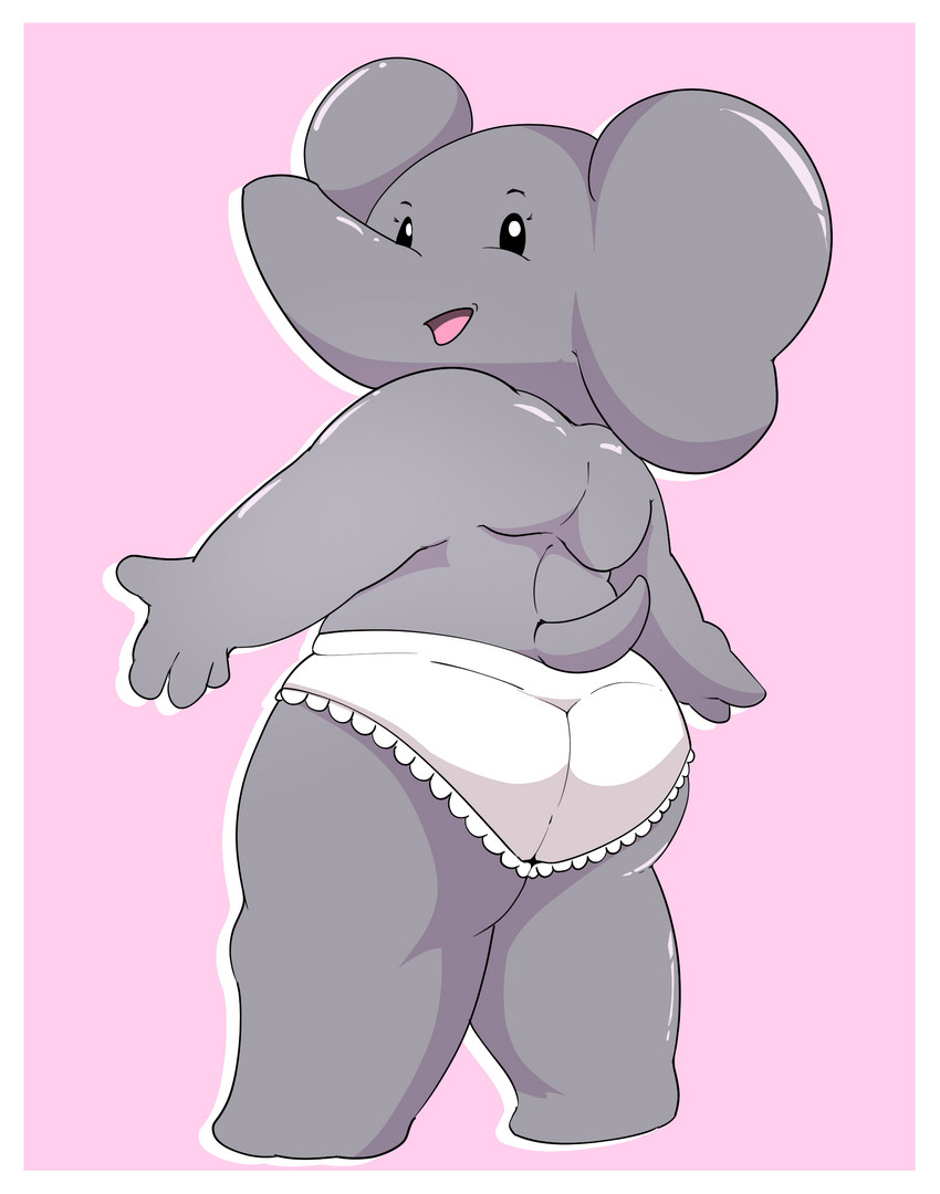 anthro border butt clothing eyebrows female frilly frilly_clothing frilly_panties frilly_underwear grey_body panties solo underwear white_border white_clothing white_panties white_underwear young young_anthro anonymous_artist babar_(franchise) babar_the_elephant_(character) celeste_(babar_the_elephant) elephant elephantid mammal proboscidean hi_res