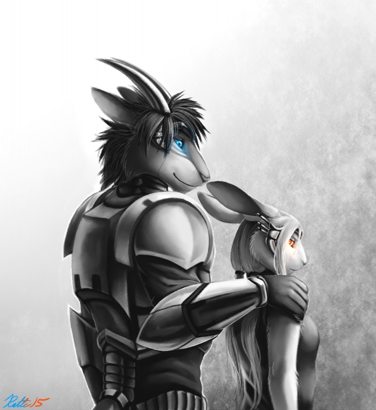 abstract_background anthro armor blue_eyes clothed clothing dress duo female hair machine male orange_eyes sad simple_background smile conditional_dnp ratte legacy_(ratte) avalenna photon_(ratte) android faraden lagomorph leporid mammal pure_faraden rabbit ratteguhn robot temperate_rainforest_ratteguhn 2015 digital_media_(artwork) hi_res