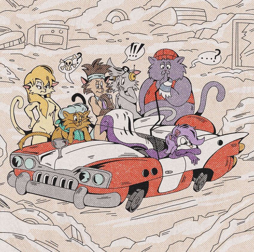 angry anthro car exclamation_point eyes_closed female group inside_car inside_vehicle jealous junkyard male motor_vehicle question_mark skull_and_crossbones sleeping speech_bubble vehicle vintage_car wordless dot_dot_fuk heathcliff_and_the_catillac_cats tiny_toon_adventures warner_brothers cleo_catillac fifi_la_fume hector_(catillac_cats) mungo riff-raff wordsworth domestic_cat felid feline felis mammal mephitid skunk 2023 crossover hi_res