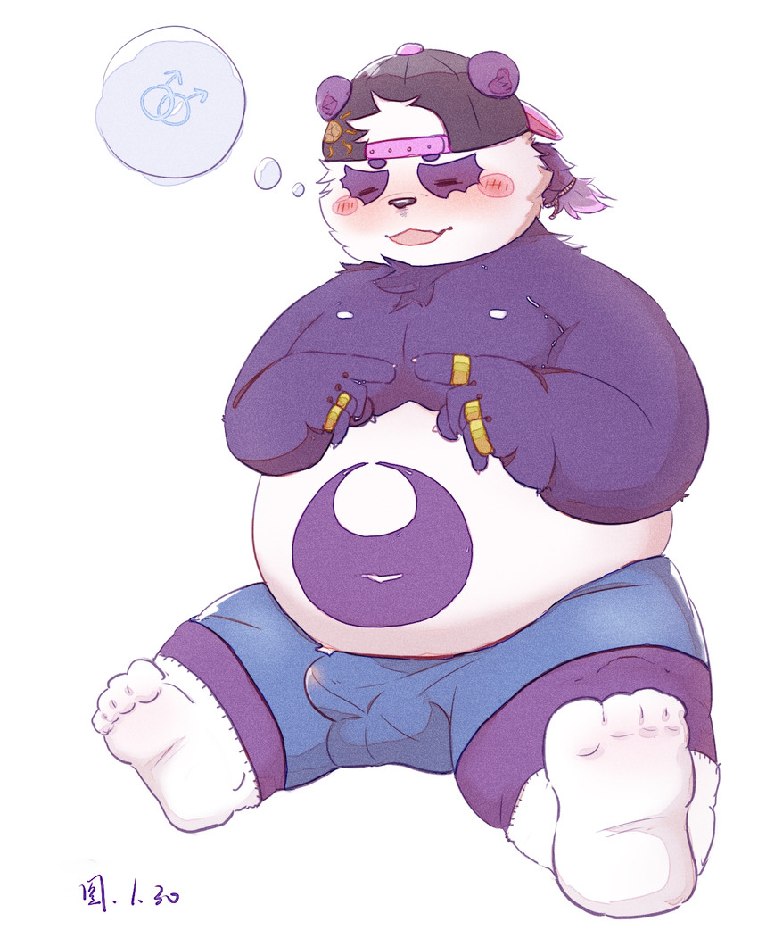 anthro balls_outline belly blush bottomwear bulge clothing detailed_bulge eyes_closed fur genital_outline hat headgear headwear kemono male navel overweight overweight_anthro overweight_male penis_outline purple_body purple_fur shorts simple_background sitting solo white_background white_body white_fur young lantu_(artist) lifewonders tokyo_afterschool_summoners alp_(tas) bear giant_panda mammal 2021 hi_res