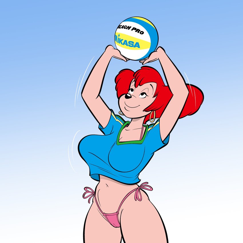 anthro ball big_breasts bikini bikini_thong black_nose breasts camel_toe clothed clothing ear_piercing ear_ring eyebrows eyelashes female gradient_background hair half-closed_eyes hoop_ear_ring mature_female motion_lines narrowed_eyes piercing pink_bikini pink_clothing pink_swimwear raised_arms red_hair ring_piercing shirt short_hair side-tie_bikini simple_background skimpy smile solo sport standing string_bikini swimwear topwear two-piece_swimsuit volleyball volleyball_(ball) markkleanup disney goof_troop peg_pete canid canine canis domestic_dog mammal 1:1 2024 hi_res