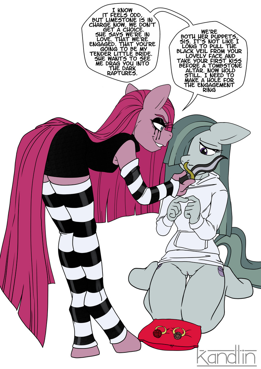 alternative_fashion anthro anthrofied bottomless clothed clothing dialogue duo female female/female footwear goth imminent_piercing knife knife_play running_makeup running_mascara socks text threatened kandlin friendship_is_magic hasbro my_little_pony marble_pie_(mlp) pinkamena_(mlp) pinkamena_diane_pie pinkie_pie_(mlp) absurd_res english_text hi_res incest_(lore) sibling_(lore) sister_(lore) sisters_(lore)