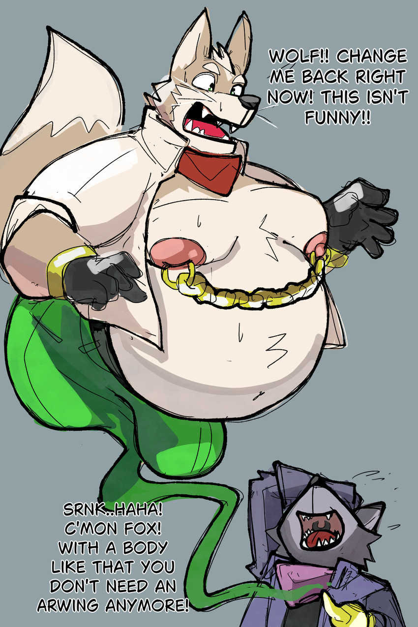 anthro belly big_belly bottomwear bracelet bulge clothing countershading dialogue duo floating gold_(metal) gold_jewelry green_body green_countershading grey_background grey_body huge_belly jewelry laugh magic_lamp male nipple_chain nipples open_mouth simple_background text yellow_bottomwear yellow_clothing coolietf nintendo star_fox fox_mccloud wolf_o'donnell canid canine canis fox genie mammal wolf 2025 2:3 english_text hi_res