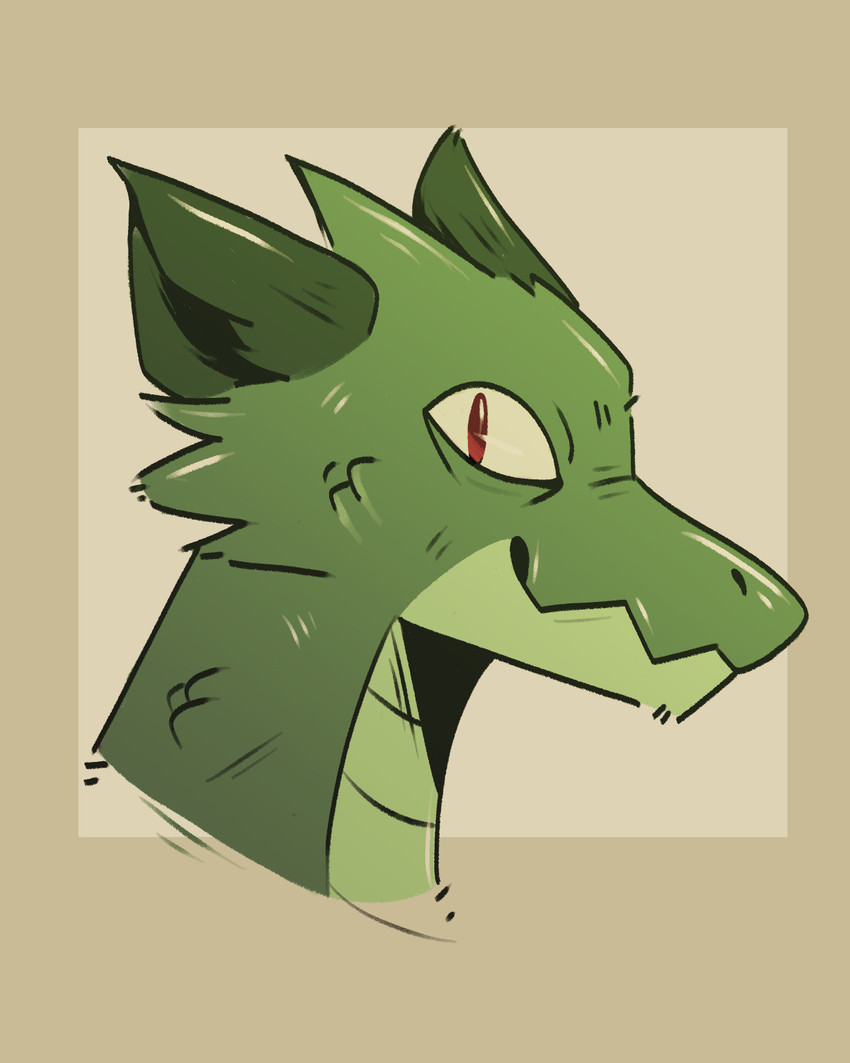 ambiguous_gender anthro facing_aside fluffy_ears fur green_body green_fur happy multicolored_body red_eyes scales simple_background smile solo two_tone_body admiralbarley mythology dragon mythological_creature mythological_scalie scalie 4:5 bust_portrait hi_res portrait