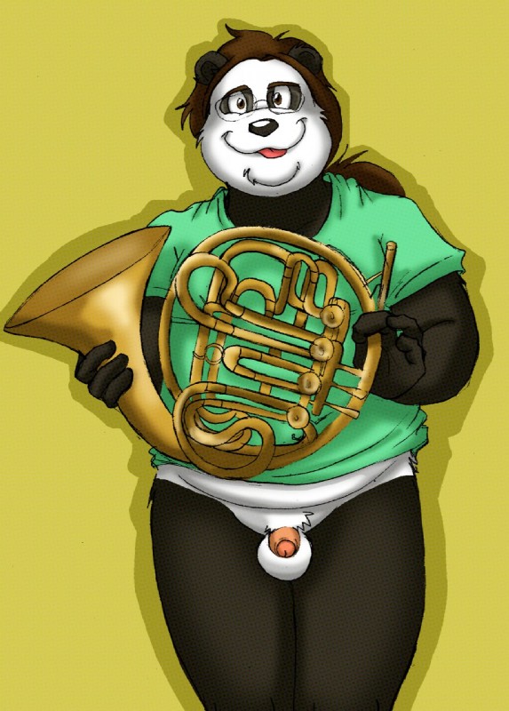 anthro balls biped bottomless brass_instrument brown_hair clothed clothing eyewear flaccid foreskin french_horn genitals glasses hair humanoid_genitalia humanoid_penis male musical_instrument overweight overweight_anthro overweight_male partially_retracted_foreskin penis solo wind_instrument rthur bear giant_panda mammal hi_res