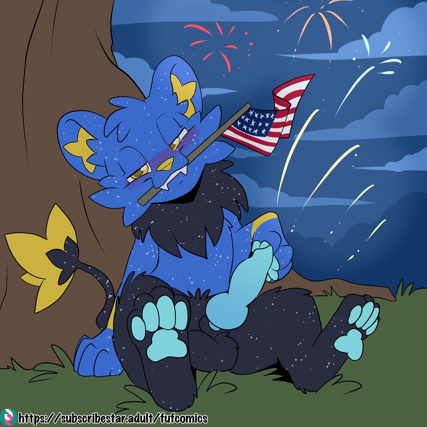 american_flag animal_genitalia animal_penis anthro balls bedroom_eyes blue_body blue_fur blue_pawpads blue_penis blush canine_genitalia canine_penis erection fur genitals holidays inner_ear_fluff knot knotted_penis looking_at_viewer male markings narrowed_eyes night nude pawpads penis plant seductive solo spots spotted_body spotted_fur tail tree tuft united_states_of_america yellow_eyes yellow_nose fuf 4th_of_july nintendo pokemon star_the_shinx felid feline generation_4_pokemon mammal pokemon_(species) shinx 1:1 2024 hi_res