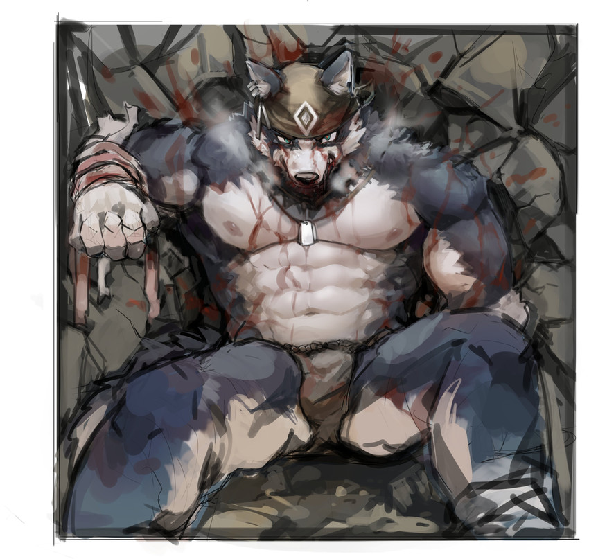 5_fingers abs anthro bandanna biceps biped black_nose blood bloodied bodily_fluids clothed clothing dog_tags fingers fur grey_body grey_fur humanoid_hands kerchief male multicolored_body multicolored_fur muscular muscular_anthro muscular_male nipples pecs solo triceps two_tone_body two_tone_fur underwear underwear_only white_body white_fur 5cm dudedle stakeho_lder kemo_coliseum volga_(kemo_coliseum) canid canine canis domestic_dog husky mammal nordic_sled_dog spitz 2020 absurd_res hi_res