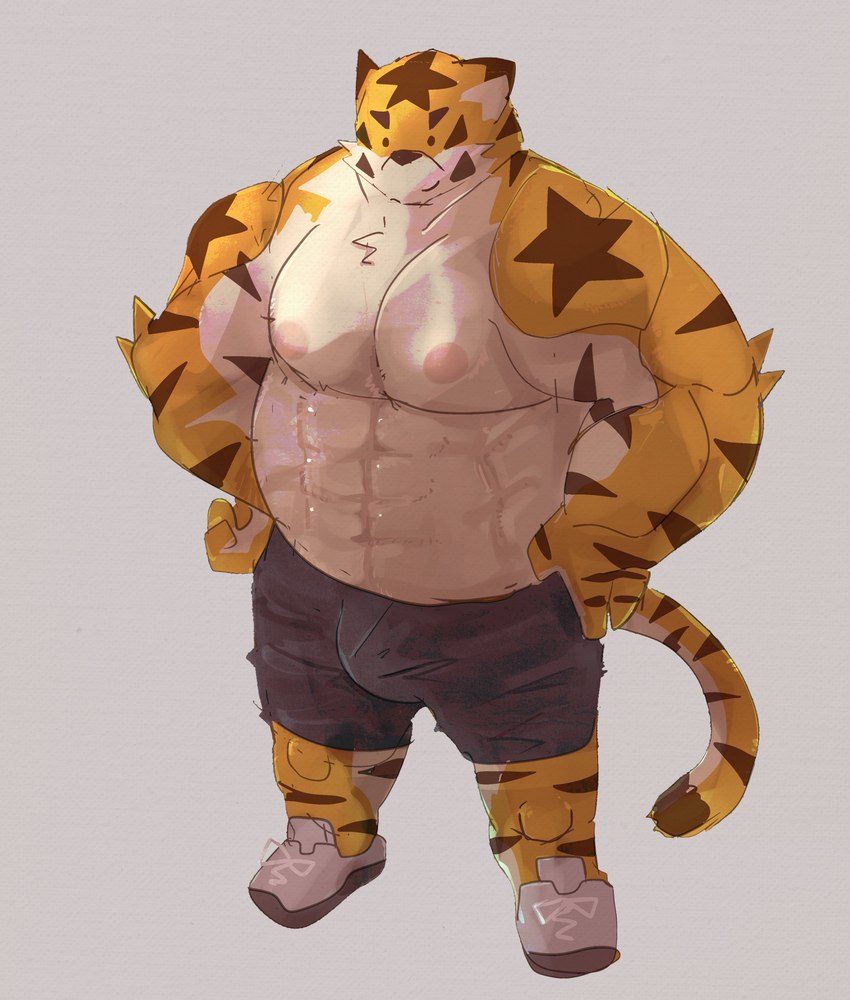 anthro bottomwear bulge clothing dot_eyes humanoid_hands kemono male muscular muscular_male nipples shorts simple_background solo dumdum felid mammal pantherine tiger 2022 absurd_res hi_res