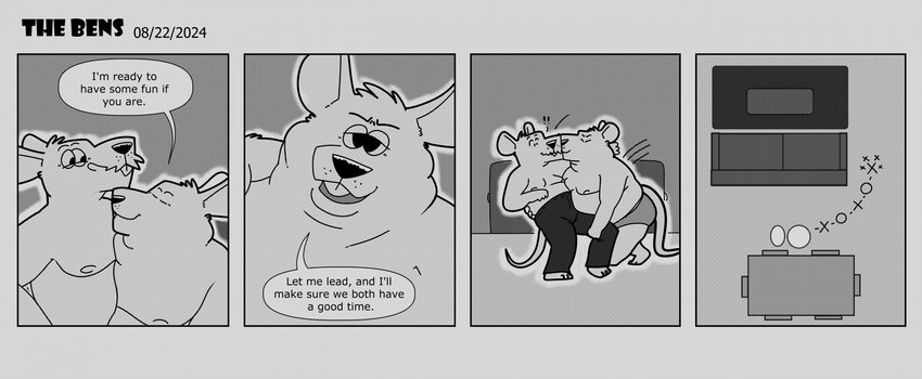 anthro belly bottomwear clothing dialogue duo inside male male/male moobs nipples overweight overweight_male pants text underwear barnem mammal murid murine rat rodent 2024 comic english_text hi_res monochrome