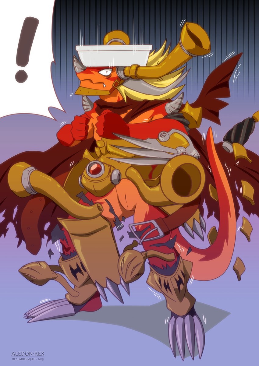 anthro armor bathtub belt blonde_hair cape clothing exclamation_point hair headgear helmet horn male multicolored_body multicolored_skin orange_body orange_skin parody red_body red_skin solo tail two_tone_body two_tone_skin wardrobe_malfunction aledonrex bushiroad future_card_buddyfight legendz mythology drum_bunker_dragon dragon mythological_creature mythological_scalie scalie digital_media_(artwork) hi_res