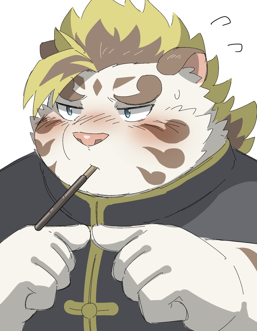 anthro biped blush clothed clothing food humanoid_hands kemono solo white_body ptcmtr lifewonders pocky tokyo_afterschool_summoners licho_(tas) felid mammal pantherine tiger 2022 hi_res