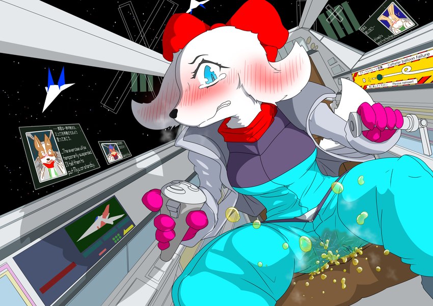 accident anthro belt blue_eyes blush bodily_fluids bow_ribbon desperation electronics embarrassed female flight_suit fur genital_fluids headgear headphones headset leaking looking_at_another omorashi peeing scarf space star text urine wetting white_body white_fur zero_gravity mttbsmn nintendo star_fox falco_lombardi fay_(star_fox) fox_mccloud peppy_hare bird_dog canid canine canis domestic_dog hunting_dog mammal spaniel 2024 absurd_res english_text hi_res japanese_text