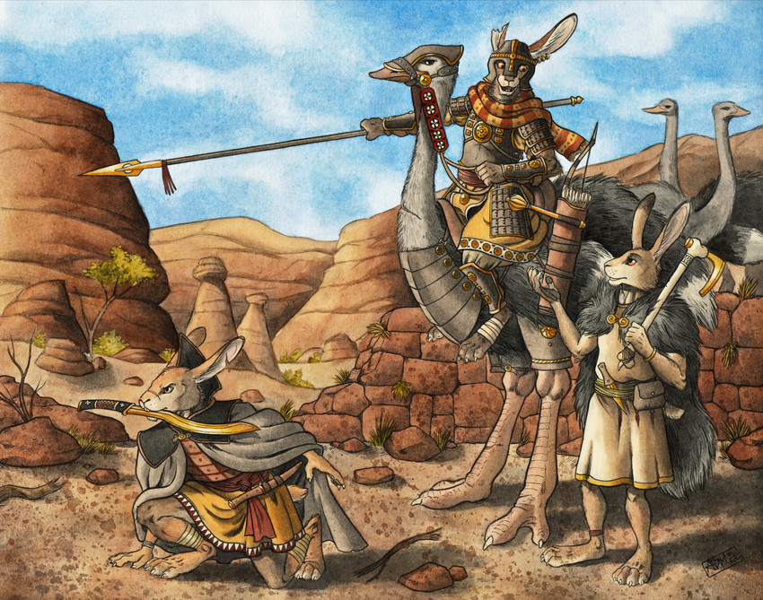 4_toes 5_fingers anklet anthro armor arrow_(weapon) axe barefoot belt belt_pouch bevor bottomwear bow_(weapon) bracelet breastplate bridle brown_eyes canyon cape cliff clothed clothing cloud cuisse dagger day detailed_background feathers feet feral fingers foot_wraps fur fur_cloak greaves grey_body grey_feathers group headgear helmet holding_axe holding_melee_weapon holding_object holding_polearm holding_spear holding_sword_in_mouth holding_weapon jewelry kneeling leg_wraps light looking_down looking_down_at_another looking_forward looking_up looking_up_at_another mace male melee_weapon necklace notched_ear outside pants plant polearm quiver_(object) ranged_weapon reins rerebrace riding rock saddle scabbard scarf shirt sky spear standing stone_wall sunlight tan_body tan_fur tassets toes topwear tree tunic vambrace wall_(structure) weapon wraps 0laffson avian bird lagomorph leporid mammal ostrich rabbit ratite 2020 dated hi_res signature traditional_media_(artwork)