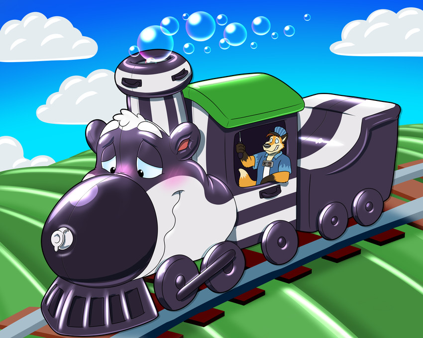 duo inflatable pool_toy railway_track train transformation vehicle kitsunekit firr kitsunekit_(character) canid canine fox mammal mephitid skunk 5:4 absurd_res hi_res