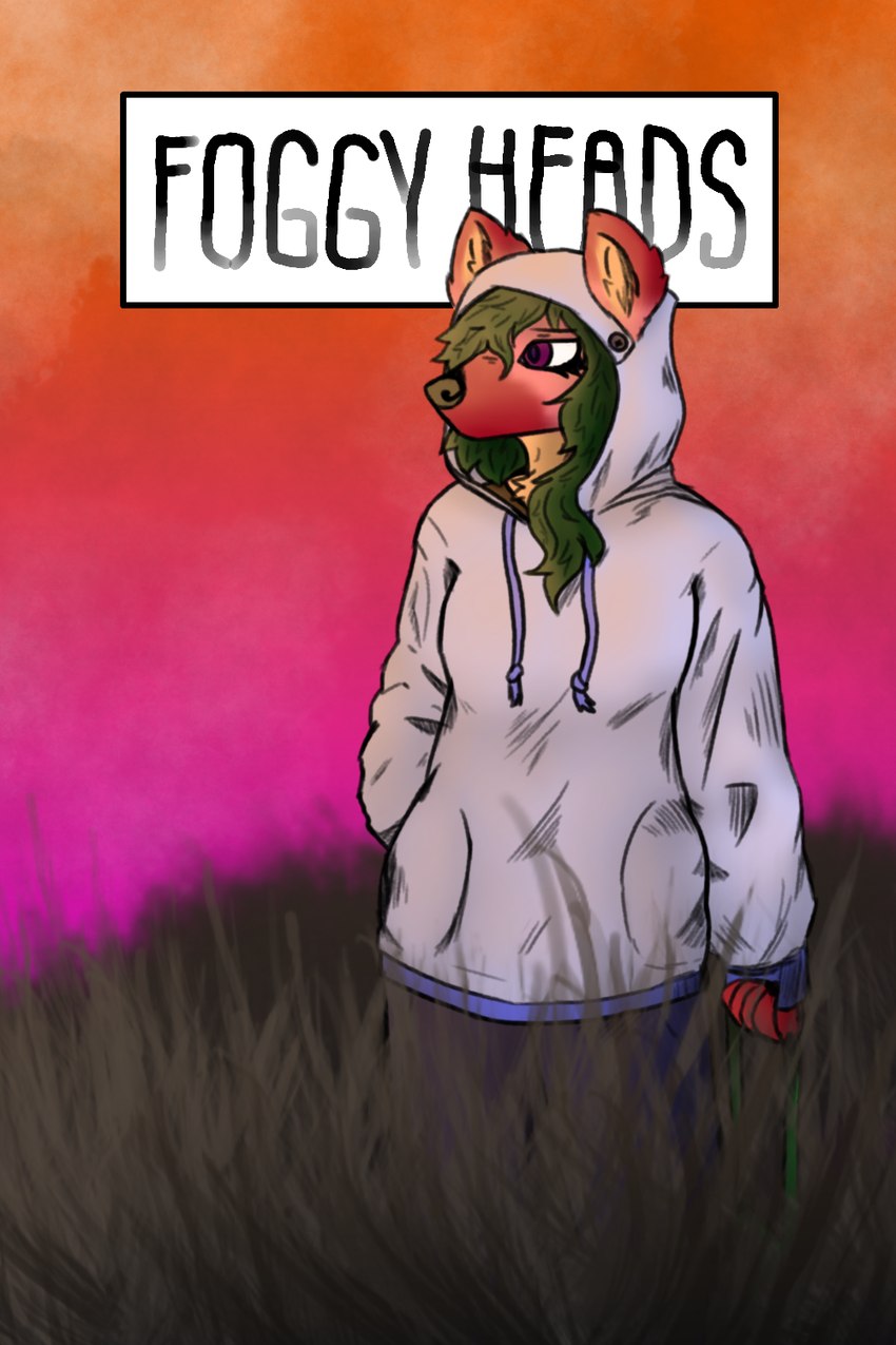 anthro breasts clothing female fur grass green_hair hair holding_object hoodie plant poster poster_template simple_background sky solo tall_grass text topwear kawattame sunny_(kawattame) hyena mammal spotted_hyena 2:3 colorful_theme cover cover_art cover_page digital_media_(artwork) english_text hi_res